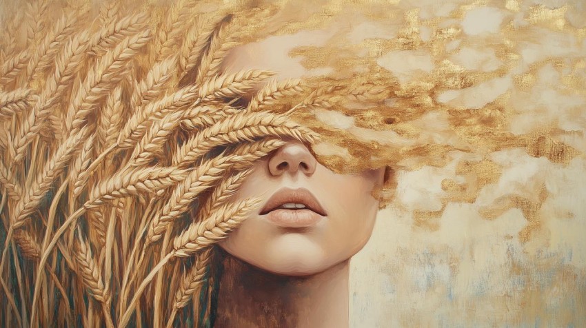 Mysterious Woman with Wheat Field Above