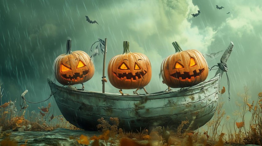 Scared Skeletons in Sailboat Under Halloween Storm