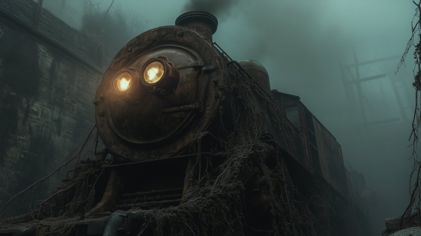 Haunted Train Engine in Abandoned Rail Yard