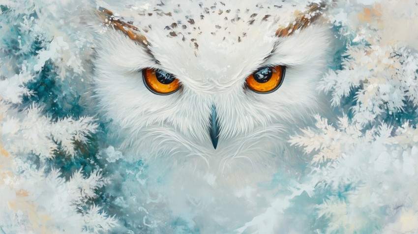 Snowy Owl's Gaze Through Frosted Pines