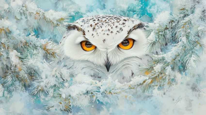 Snowy Owl Hidden in Frosty Pines