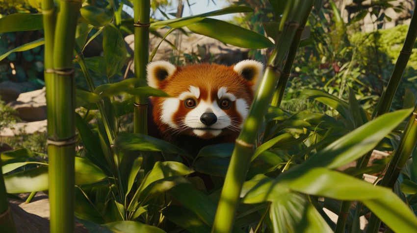 Curious Red Panda Among Bamboo Leaves