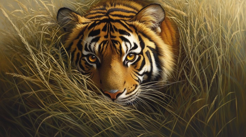 Tiger’s Intense Gaze from Tall Grass