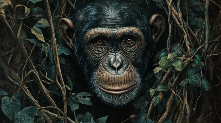 Chimpanzee’s Wise Gaze in Forest Vines