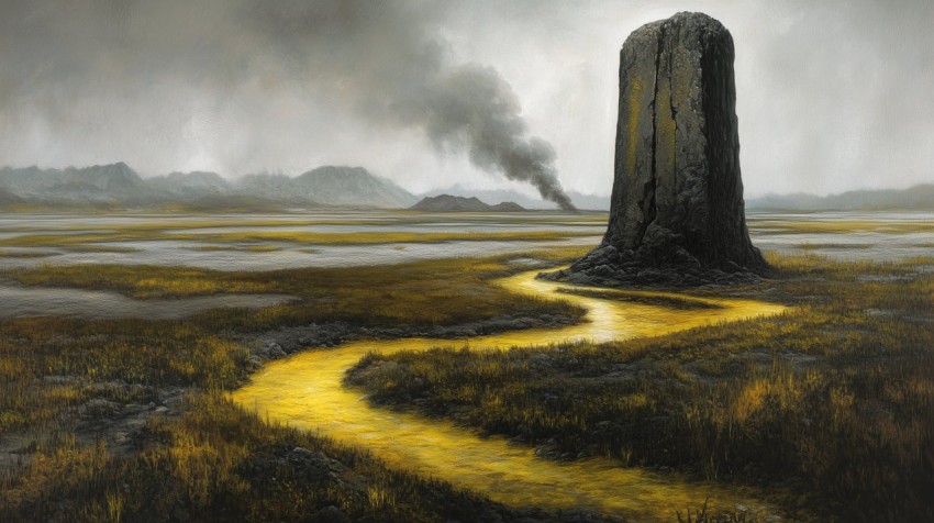 Sulfur River by Obsidian Rock in Volcanic Plain