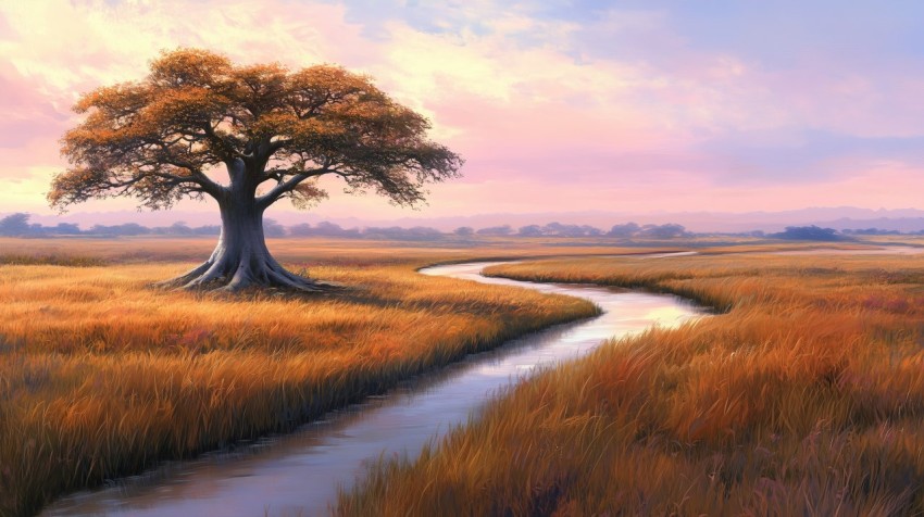 Baobab Tree in Serene Savanna Landscape