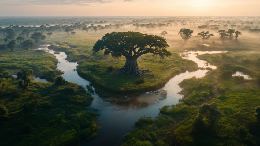 Solitary Baobab Tree in Golden Savanna