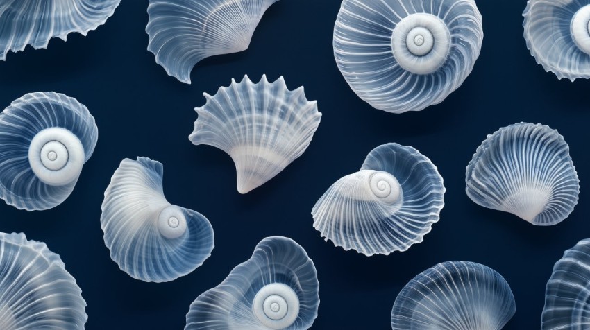 Delicate Seashells on Navy-Blue Background