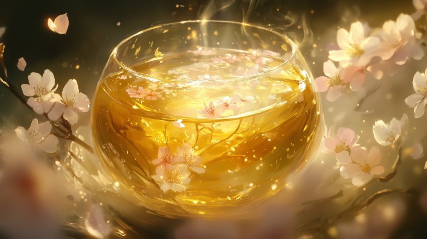 Glowing Teacup with Cherry Blossom Branches