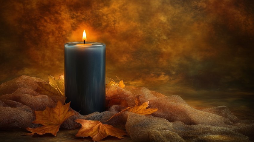 Cobalt Blue Candle Amidst Autumn Foliage