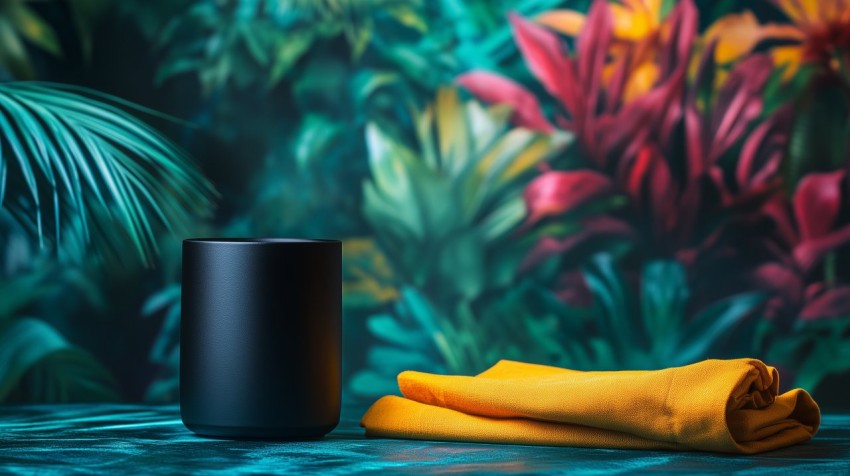 Matte Black Tea Cup Against Tropical Background