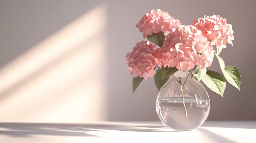 Sunlit Pink Hydrangeas in Transparent Vase