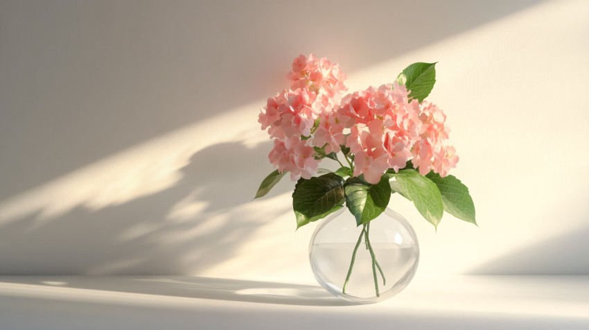 Sunlit Pink Hydrangeas in Transparent Vase