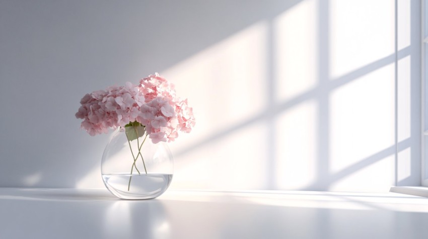 Pink Hydrangeas in Sunlit Transparent Vase