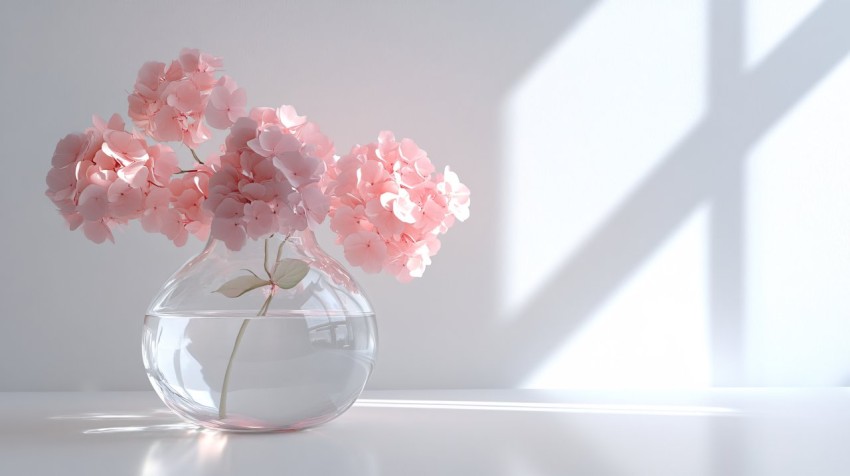 Pink Hydrangeas in Transparent Vase