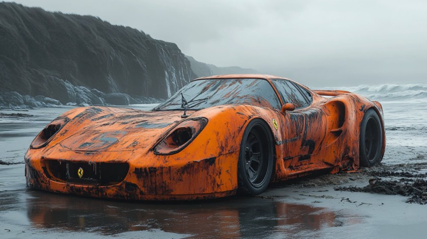 Abandoned Ferrari F-50 on the Beach