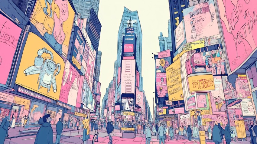 Times Square Illustration with Humorous Advertisements