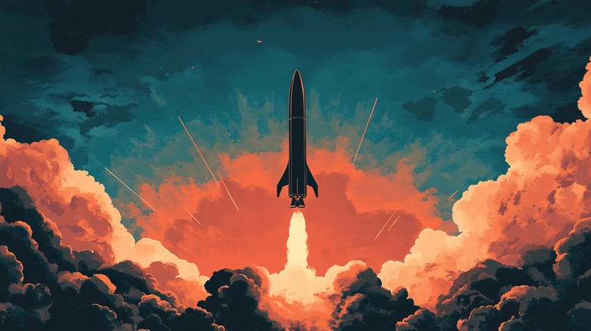 Rocket Silhouette Amidst Mushroom Cloud in 2D Art