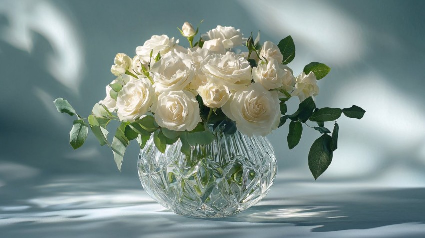 Elegant White Rose Bouquet in Crystal Vase