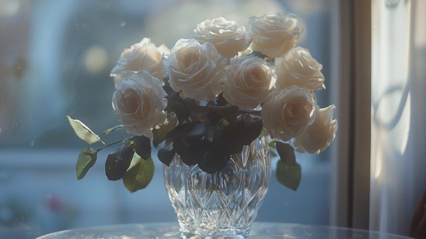 Elegant White Rose Bouquet in Crystal Vase