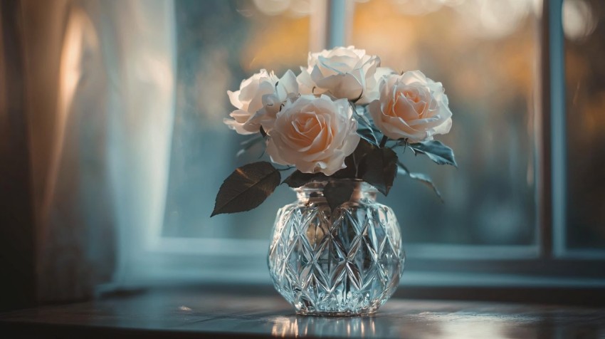 White Rose Bouquet in Crystal Vase Elegance