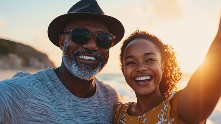 Father and Daughter Waving at Sunset