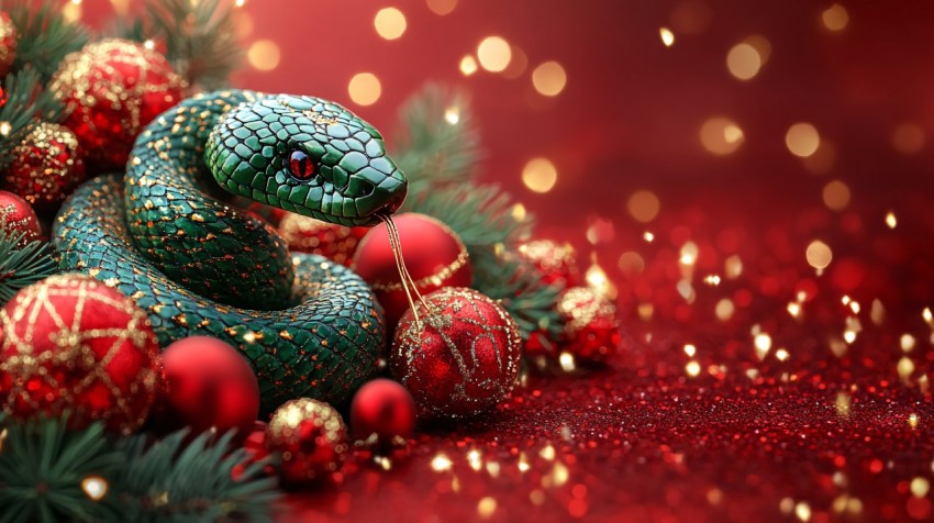 Ornate Green Snake Sculpture with New Year Decorations