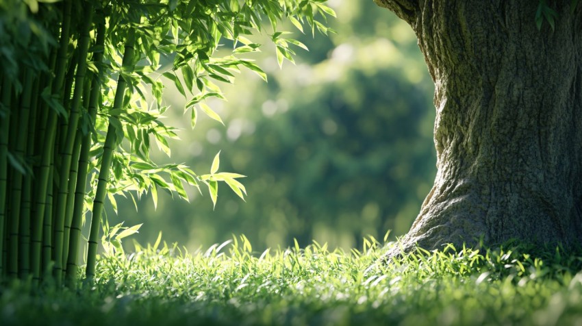 Oak Tree and Bamboo in Harmony