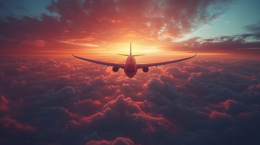 Airplane Flying Above Clouds at Golden Hour