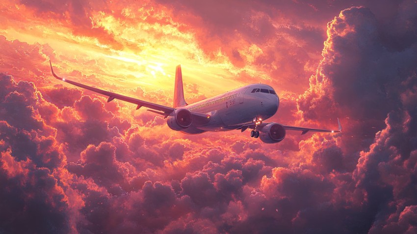 Airplane Soaring Over Clouds at Dusk