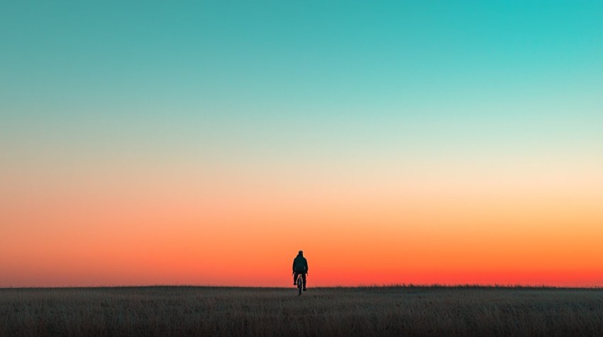 Cyclist Silhouette at Sunrise on Flat Horizon