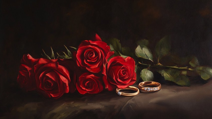 Red Roses with Golden Rings for Romance