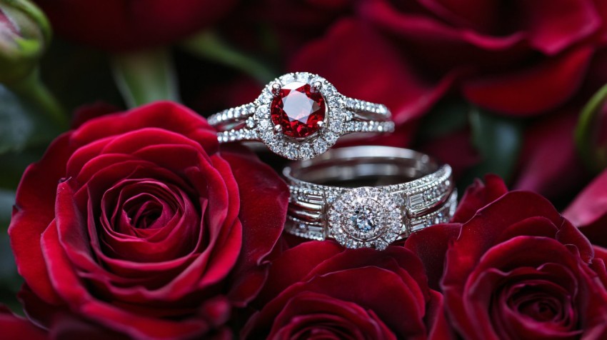 Golden Rings Nestled in Red Roses