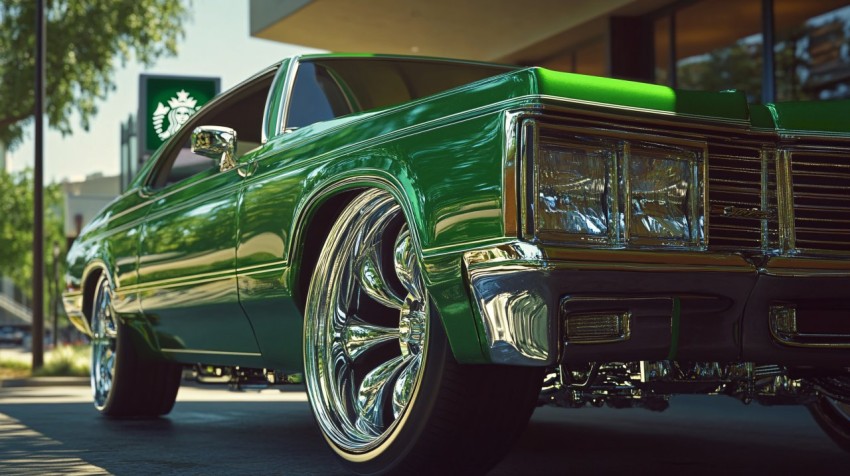 Green Lowrider Bouncing at Starbucks Drive-Thru