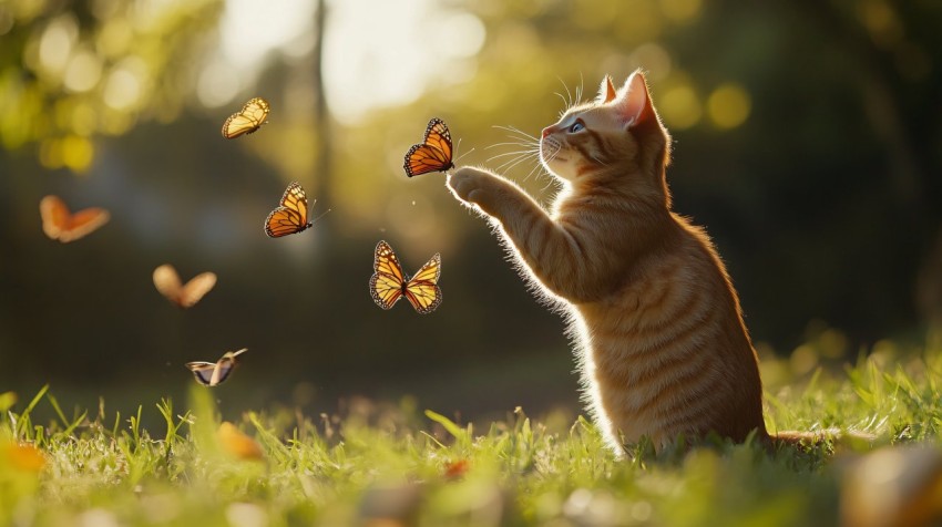 Cat Catching Butterflies in Disney Style Sequence