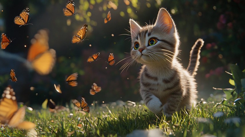 Cat Catching Butterflies in Disney Style Scene