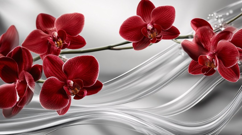 Red Orchids with Silver Abstract Waves