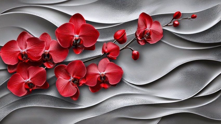 Red Orchids with Silver Abstract Waves