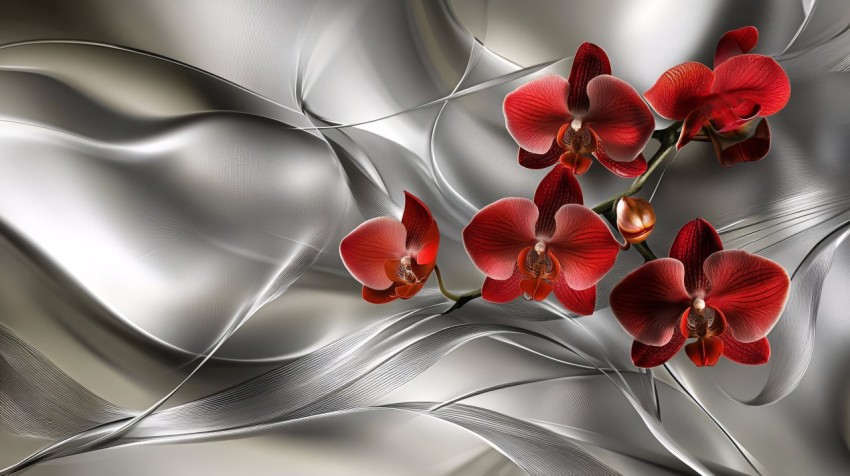 Red Orchids with Silver Abstract Waves