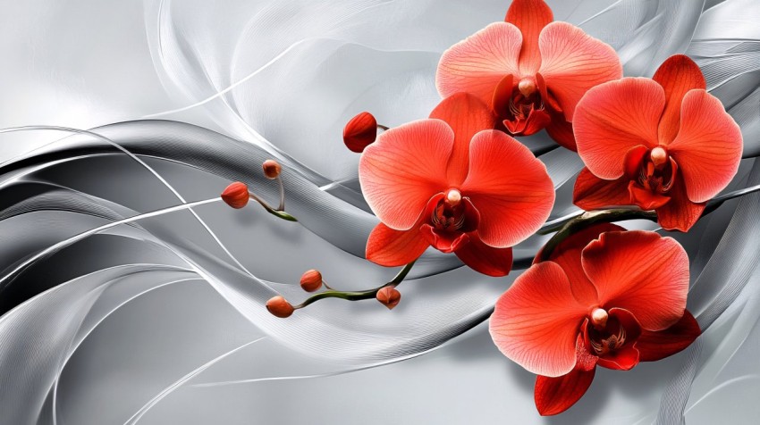 Red Orchids with Silver Abstract Background