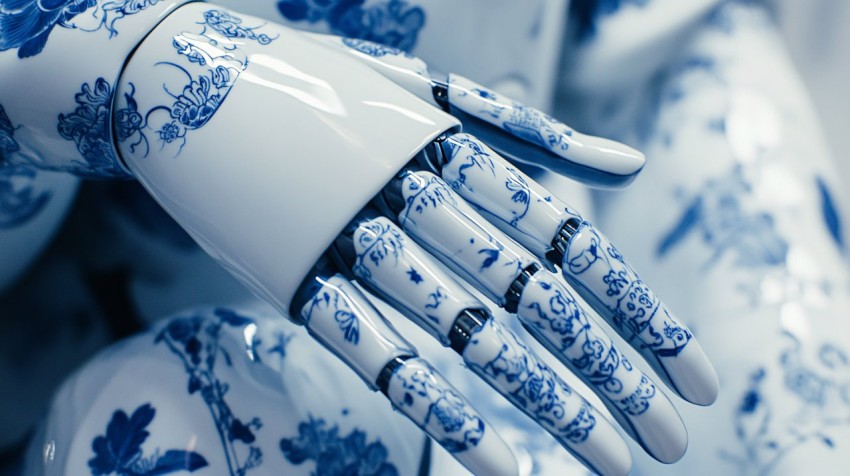 Futuristic Robot Hands with Chinese Blue Patterns