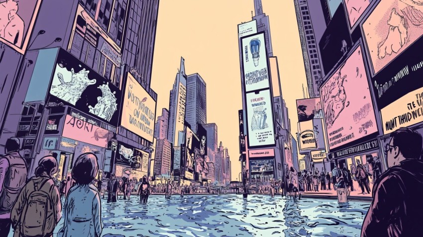 "Humorous Water Ads in Vintage Times Square Scene"