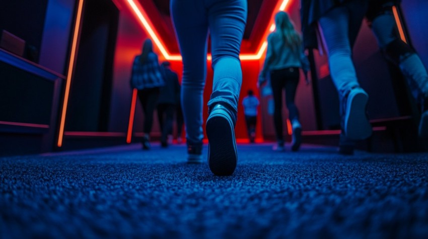 People Walking Through LED-Lit Theatre Corridor