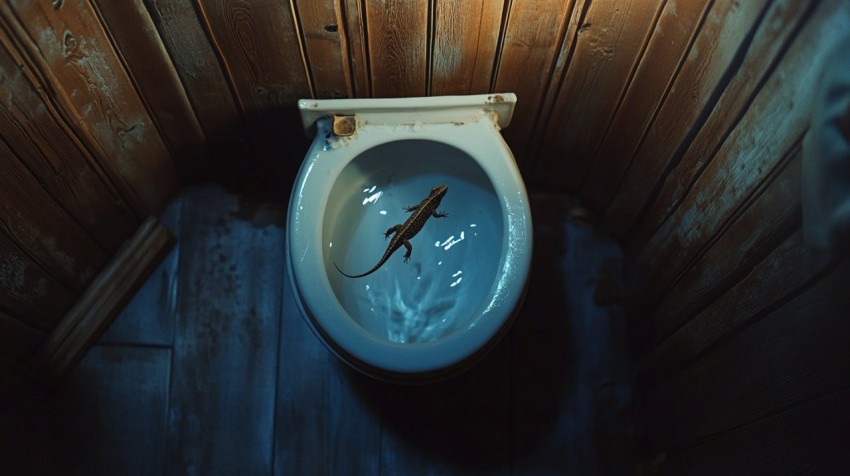 Tiny Lizard Floating in Rustic Bathroom Serenity