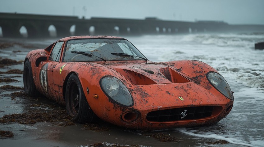 Rusty Ferrari F-50 on Beach Amid Crashing Waves