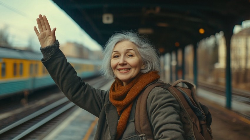 Woman Waving Goodbye at Soviet Station Platform