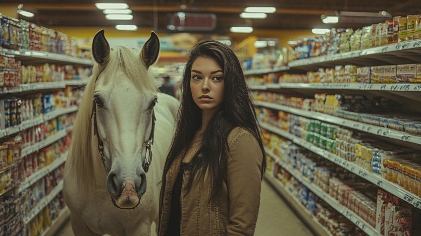 Young Woman with Horse in Grocery Aisle