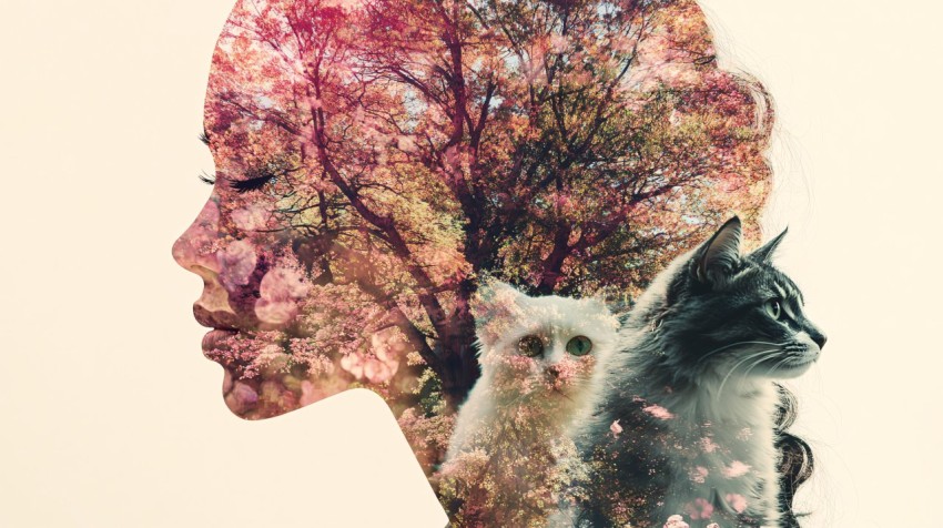 Double Exposure: Woman, Dog, and Cat