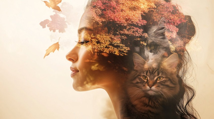 Dreamy Double Exposure of Woman, Dog, and Cat