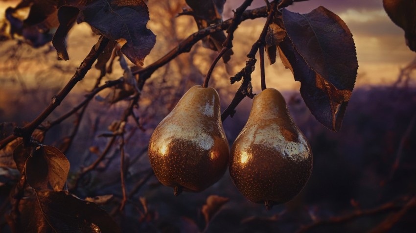 Cinematic Autumn Scene with Metallic Pears